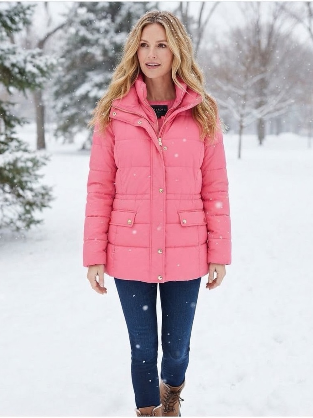 Talbots Pink Down Alternative Puffer Coat with Gold Accents. Size Medium Petite